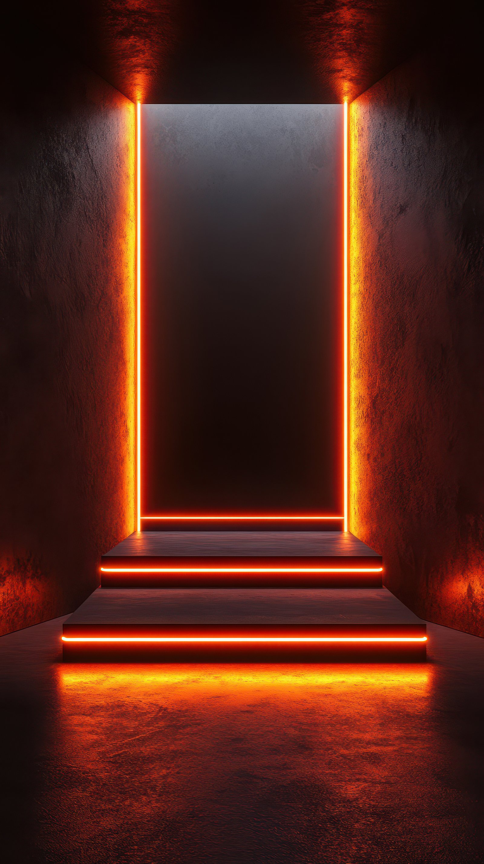 Bright orange neon lights illuminate a modern staircase leading to an abstract space in a darkened environment